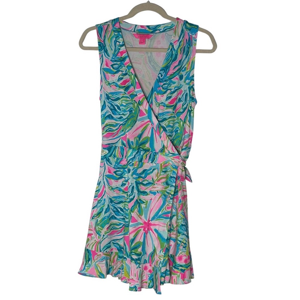 Lilly Pulitzer Aqua Pink Green Tropical Wrap Mini Dress - Picture 2 of 4